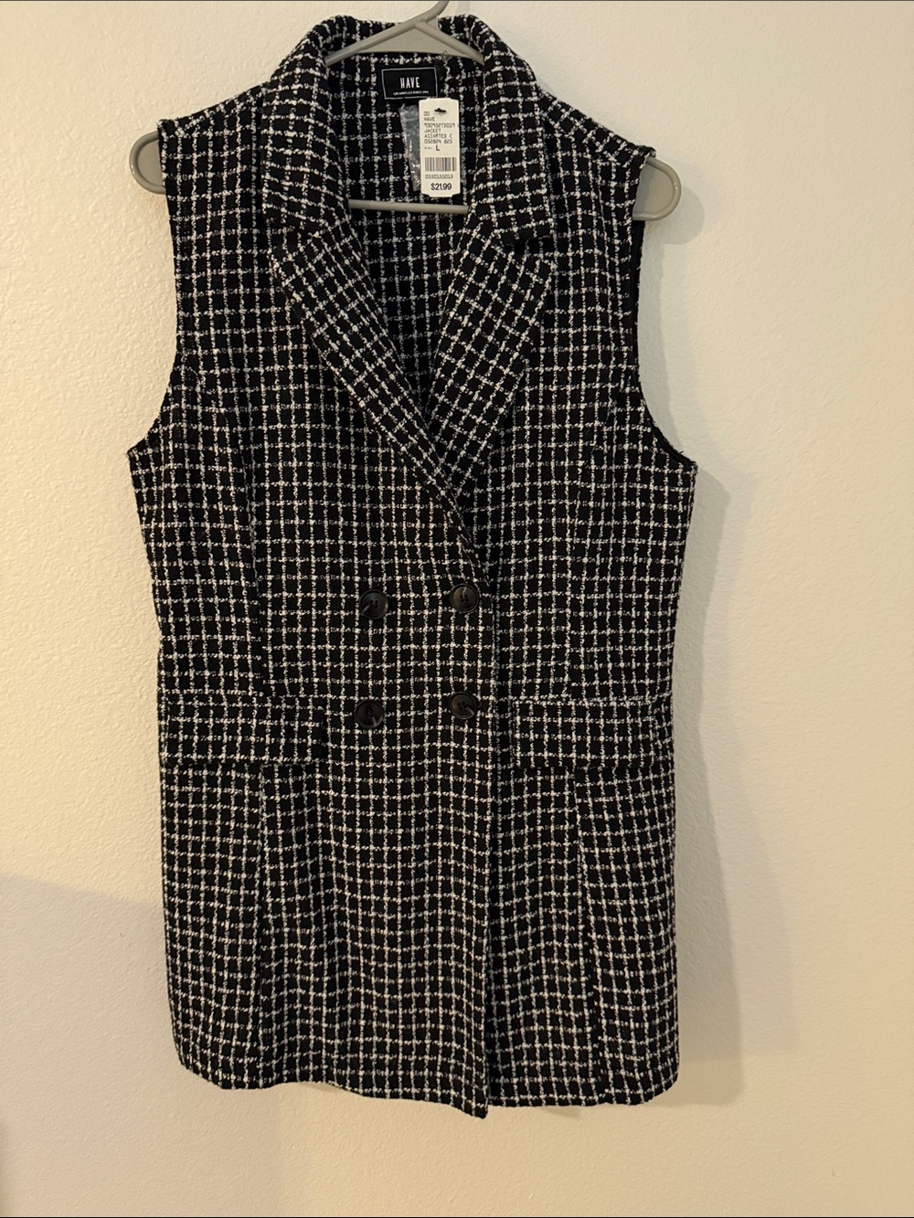 Black and White Tweed Double-Breasted Sleeveless Vest